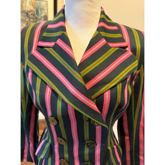 Arabella Pollen London Wool Black Pink Green Stripe Double Breasted Jacket SZ 6 - Picture 1 of 5